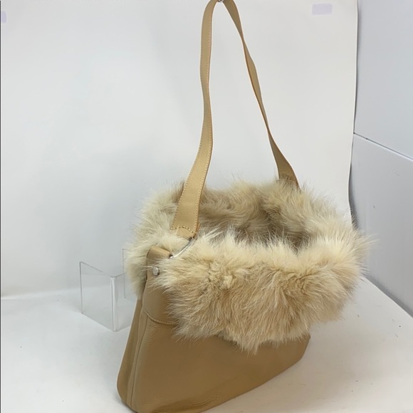 Falor Large Beige Leather Fox Fur Shoulder Bag - Picture 1 of 16